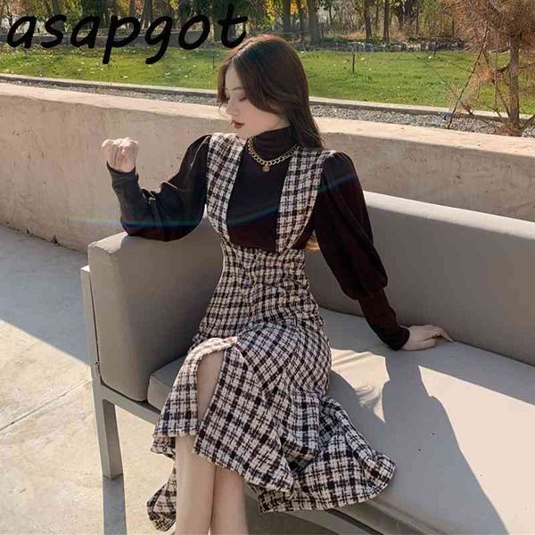 

temperament fashion wrap hip high waist plaid vest dress mermaid fashion slim chic korean black high neck puff sleeve tshirt 210407, White