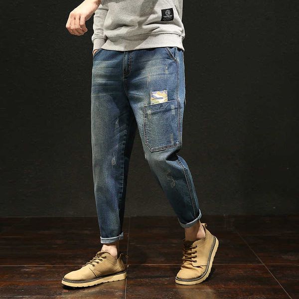 

korean 2021 multi pocket loose size jeans for men, Blue