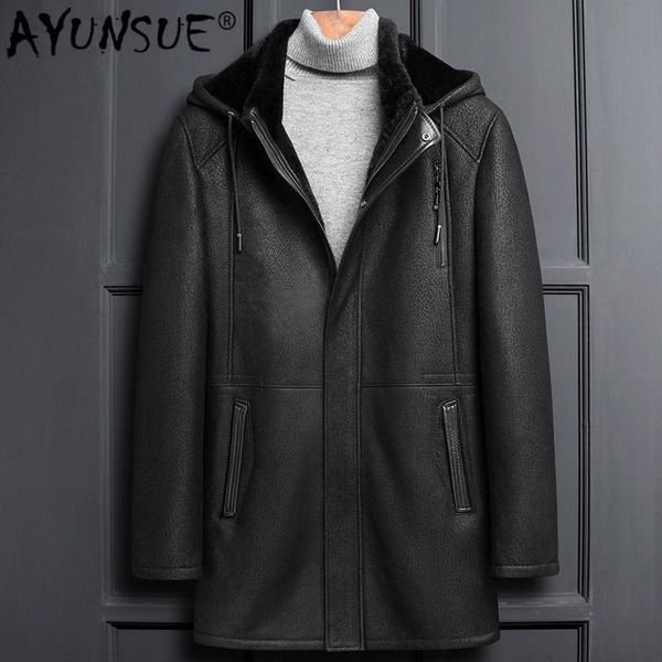 

men's leather & faux ayunsue winter genuine jacket men sheepskin coat real fur vintage shearling hooded thick coats lsy1100 kj3823, Black