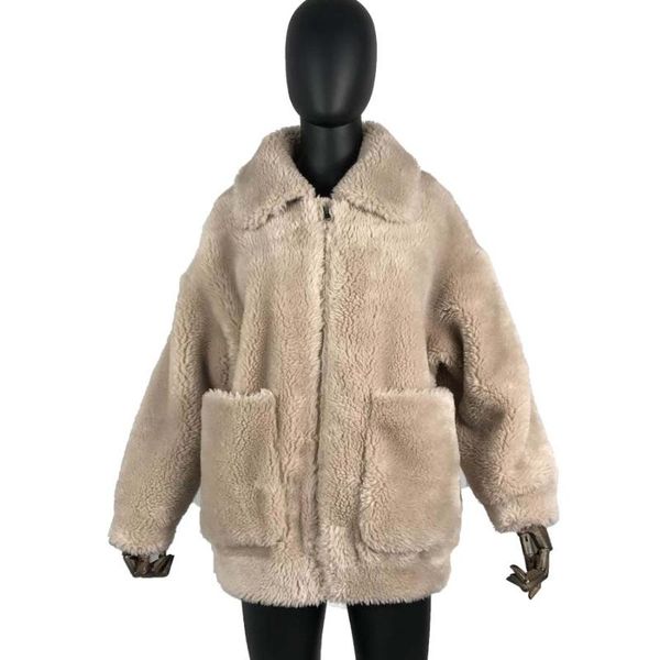 

women's fur & faux real granule sheep shearing coat wool with suede leather liner thick warm for winter zipper turn-down collar, Black