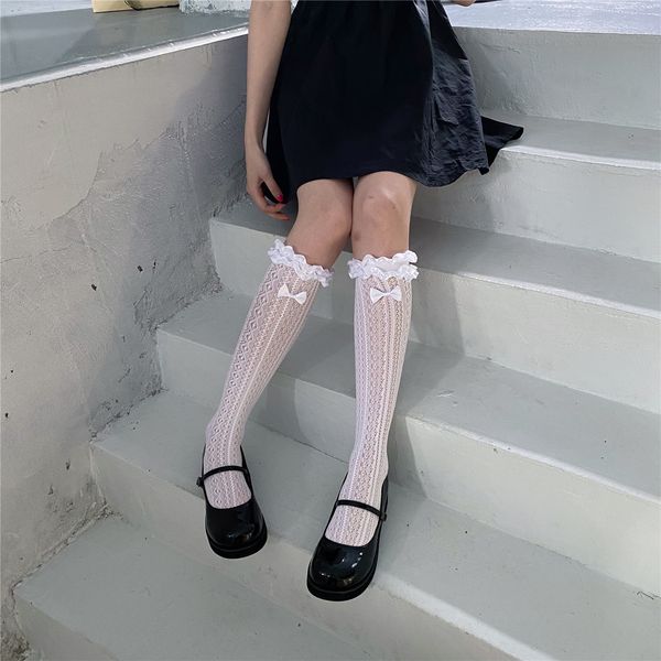 

pattkin sweet bow ribbon lace middle leg net lolita stocking, Red;black