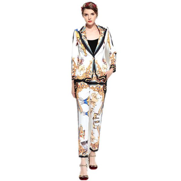 

women's two piece pants suit fashion casual printing single button two-piece blazer+ office lady suits, White