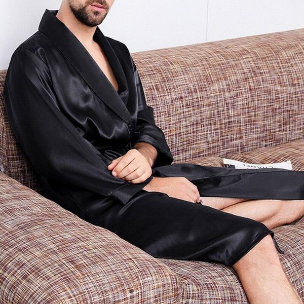 

men's sleepwear men black lounge faux silk nightwear for comfort silky bathrobes noble dressing gown sleep robes, Black;brown