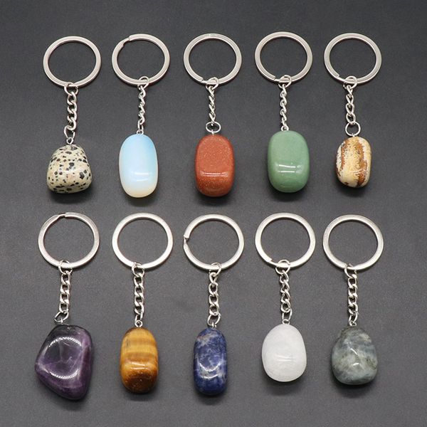 

irregular natural crytal stone keychains key rings silver color healing crystal car decor keyrings keyholder for women men, Slivery;golden