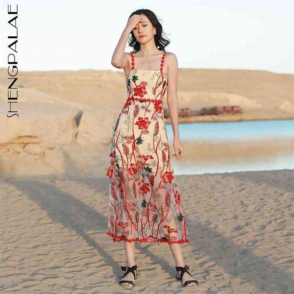 

shengpllae holiday suspender dress women's summer red embroidery temperament waist fairy super mid-calf dresses 5c579 210427, White
