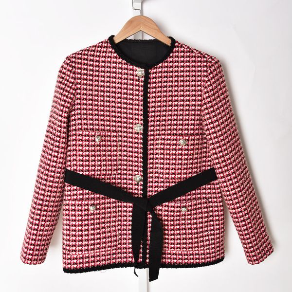 

2021 autumn fall long sleeves round neckline red jacket french contrast color tweed double pockets buttons single-breasted jackets short out, Black;brown