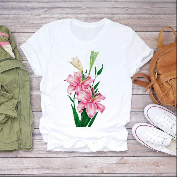 

floral camisas mujer aesthetic womens t shirts flower clothing graphic tee, White