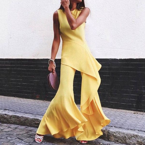 

women's jumpsuits & rompers irregular sleevelss summer jumpsuit women long flare pants yellow womens elegant workwear combinaison femme, Black;white