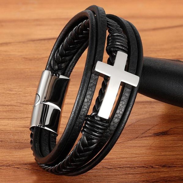 

charm bracelets cross style multi layer design stainless steel fashion men's leather bracelet classic gift for men 3 different colors c, Golden;silver