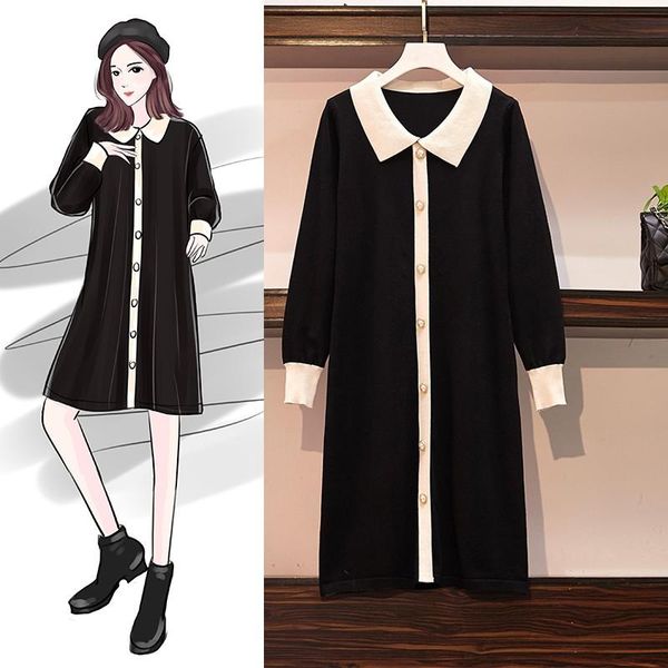 

parchwork pullover sweater dress women 2021 fall winter single-breasted long sleeve knit jumper women's knitwear dresses clothes casual, Black;gray