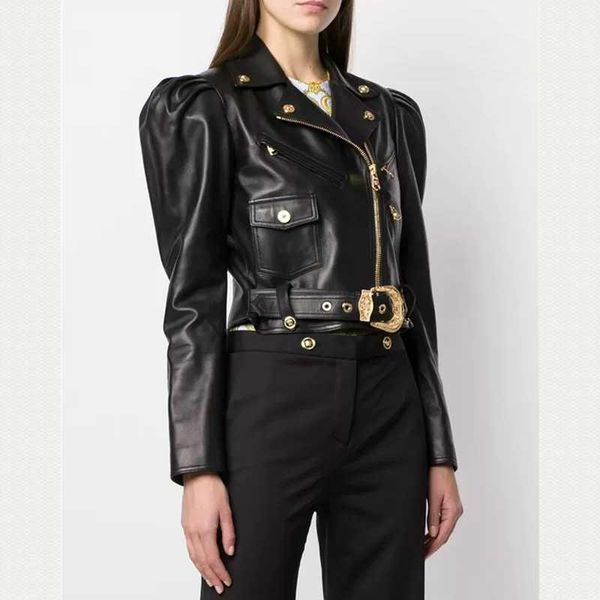 

women's leather & faux women natural lambskin bomber biker jacket long sleeves 100% sheepskin coat h715, Black