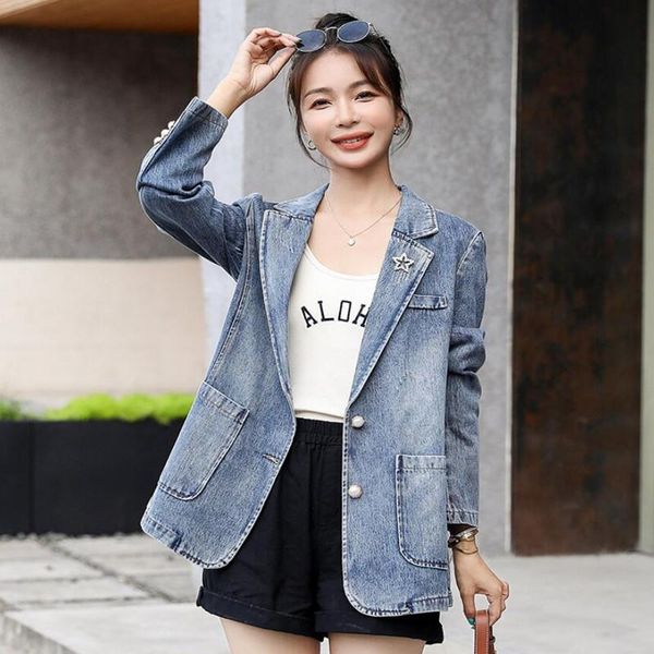 

women's suits & blazers fashion beaded sequins letters denim women 2021 autumn korean casual long sleeve loose jean suit jacket s1379, White;black