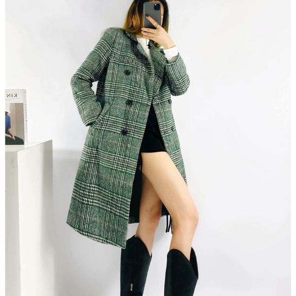 

women's wool & blends autumn 2021 coat outer plaid double-breasted button long-sleeved pocket jacket female blazers mujer, Black
