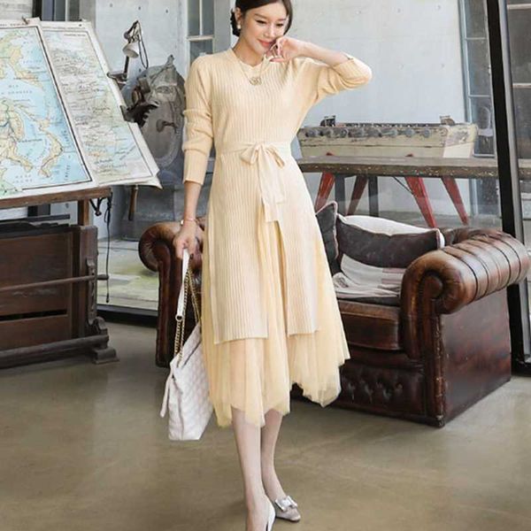 

knit dress women's 2021 trendy mid-length over-the-knee bottoming inner mesh sweater autumn and winter casual dresses, Black;gray