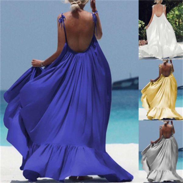 

station spring beach dress women's solid color leisure bare back strap loose large korean, Black;gray