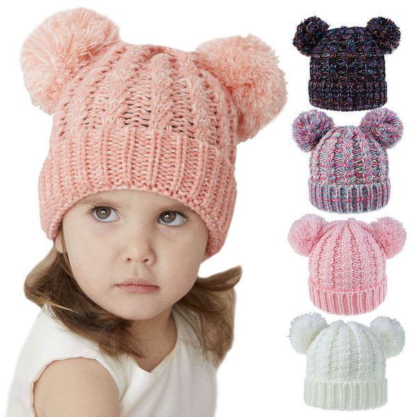 

children's hat autumn winter woolen twist knitting cute double ball girls' knitted hat, Yellow