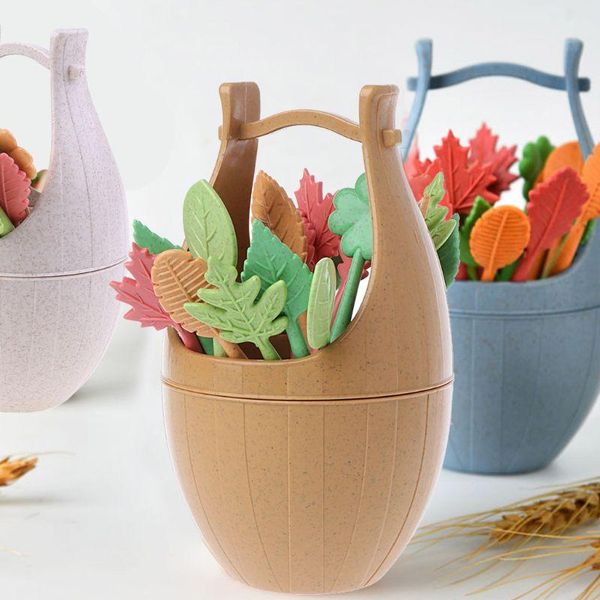 

forks 16pcs/set nordic style wheat straw barrel leaves fruit fork lunch cake dessert picks skewers sandwich toothpick wedding party