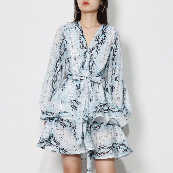 

casual dresses lace up bowknot print dress for women v neck lantern long sleeve high waist spring female fashion style, Black;gray