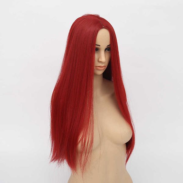 

wig women's medium wine red long straight set chemical fiber hair bar cos, Black