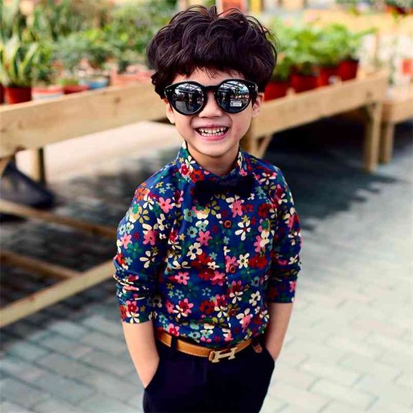 

children's clothing boys' shirt spring cotton floral long-sleeved lapel baby flower 210713, White;black