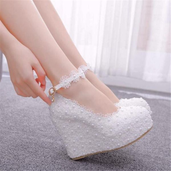 

dress shoes 2021 white wedges wedding pumps sweet flower lace pearl platform pump bride high heels, Black