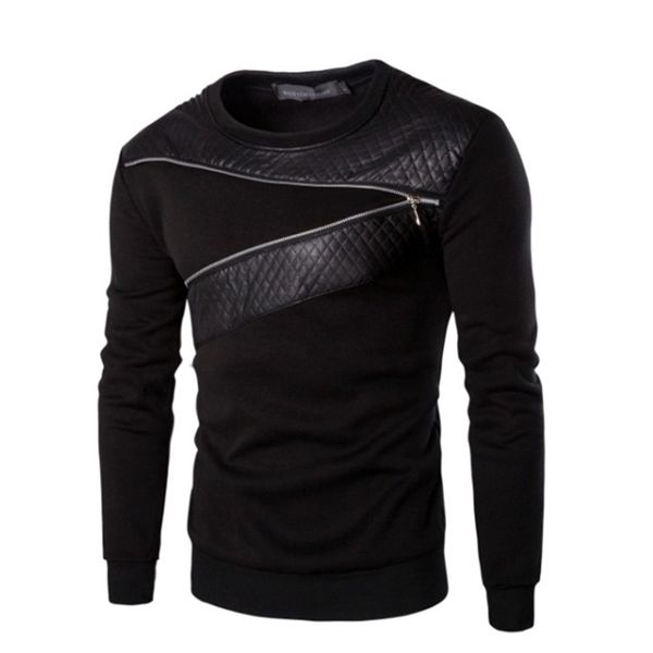 

spring men's large sweater, slant zipper leather garment, european size fashion slim fitting round neck long sleeve sweater, Black