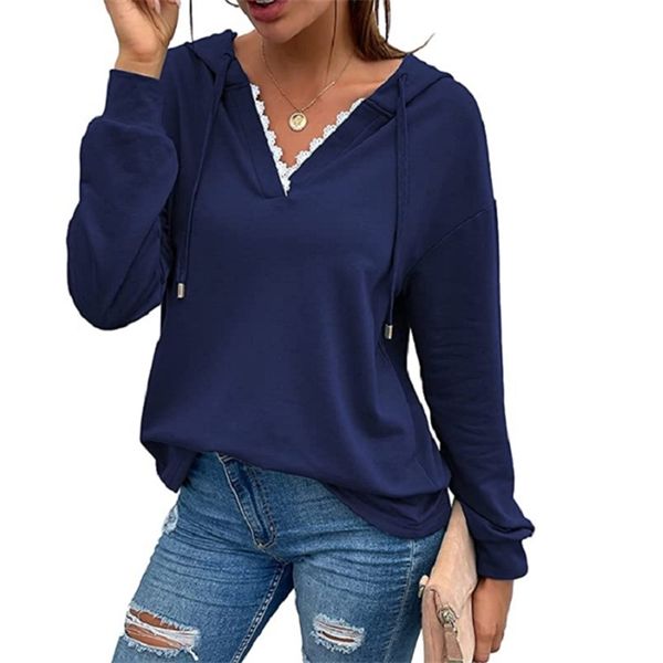 

2021 fall new women's casual hooded lace v-neck long sleeved sweater, Black