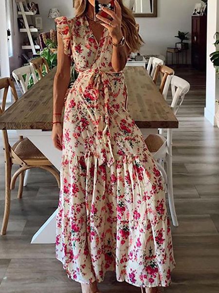 

boho floral print v neck long beach dress frill belt lace up cover summer vacation wear women tunic honeymoon women's swimwear, White;black