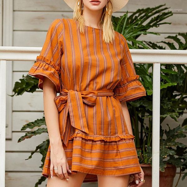 

casual dresses women's autumn dress simple fashion commuter style striped print short-sleeved round neck tie back waist ruffled, Black;gray