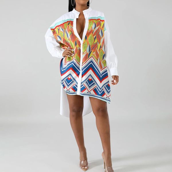 Женщины рубашка мода геометрические печать рубашки ширины асимметричные длинные рукава случайные свободные топы женские плюс размер длинная блузка 210521