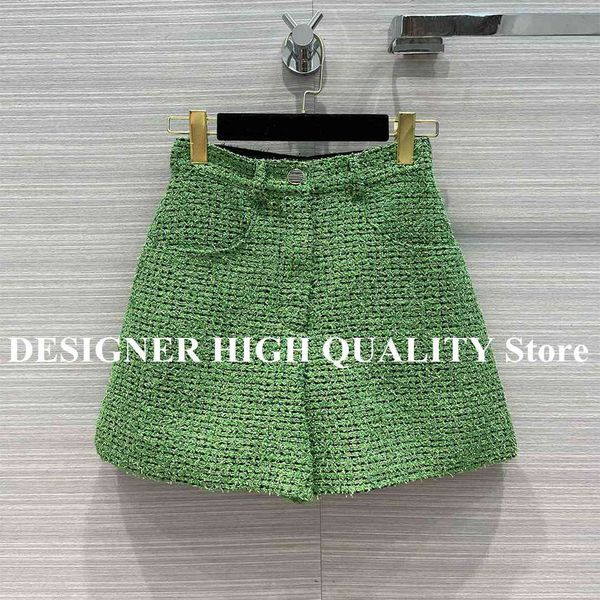 

women's shorts spring summer tweed women button zipper high waist loose casual green cotton blends weave silk liner vintage nc31, White;black