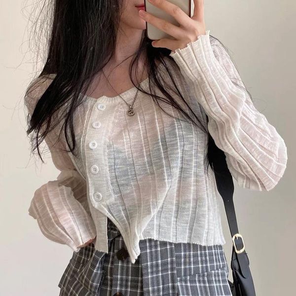 

women's knits & tees korean chic long sleeve irregular button knitted women simple loose casual pullovers autumn thin all match sweate, White