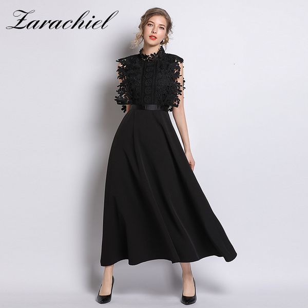 

dresses black water-soluble flower lace patchwork big swing maxi women's sleeveless vintage slim high waist runway long, Black;gray