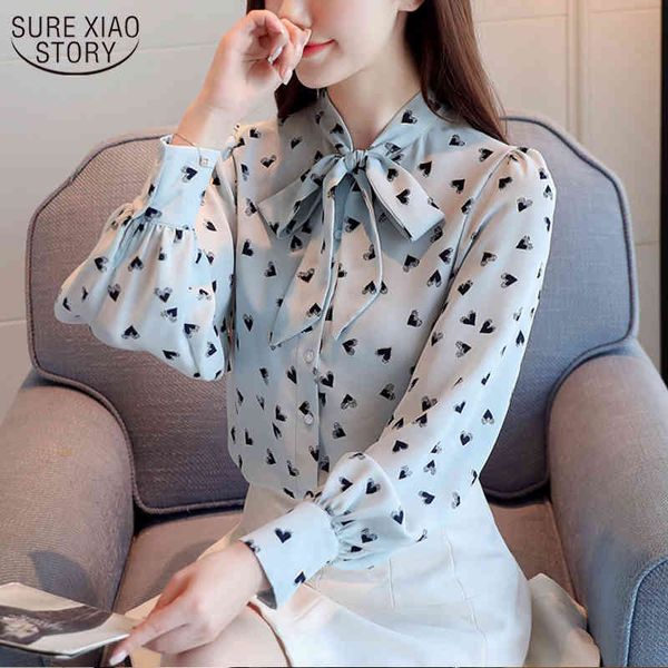 

blouse women autumn lace-up chiffon printed bow-collar slim floral long sleeve woman's shirts blusas mujer 10744 210508, White