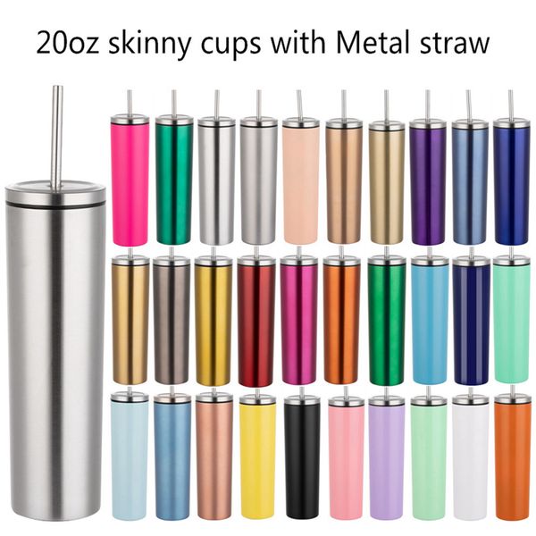 

20oz skinny tumbler stainless steel insulated coffee mugs vacuum beer cup double wall wine tumblers with lid metal straws lxl-01