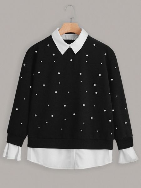 

pearl beaded contrast collar sweatshirt c7y0#, White;black