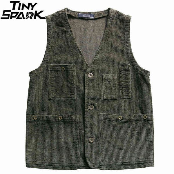 

hip hop streetwear sleeveless jacket 2021 men harajuku corduroy bomber waistcoat tactical vest military utility multi pockets y1108, Black;white