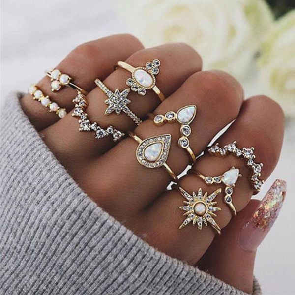 

wedding rings design boho vintage gold star midi moon set for women opal crystal finger ring 2021 female bohemian jewelry gifts, Slivery;golden