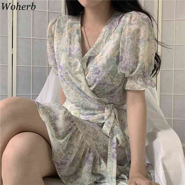 

summer women dress loose short-sleeve slim dresses korean temperament floral robe ruffle v neck chiffon mini dresses 210417, Black;gray