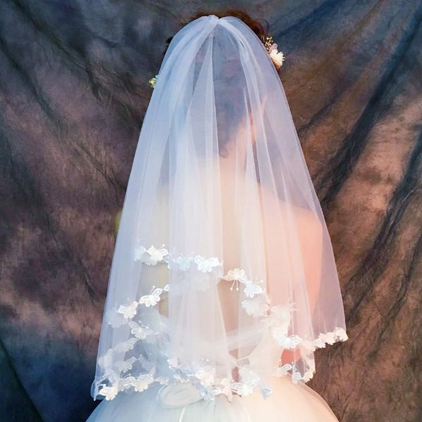 Véus nupciais coreanos simples branco parágrafo curto mori borboleta laço-solúvel laço véu de casamento estúdio 1.5cm único fio macio camada