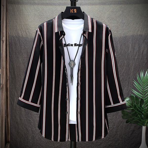 

shirt men's casual short sleeve stripe youth quarter summer clothing, White;black