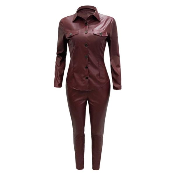 

women's two piece pants autumn/winter windproof pu leather shirt and leg street personality versatile women 2 pieces set plus size 3xl, White