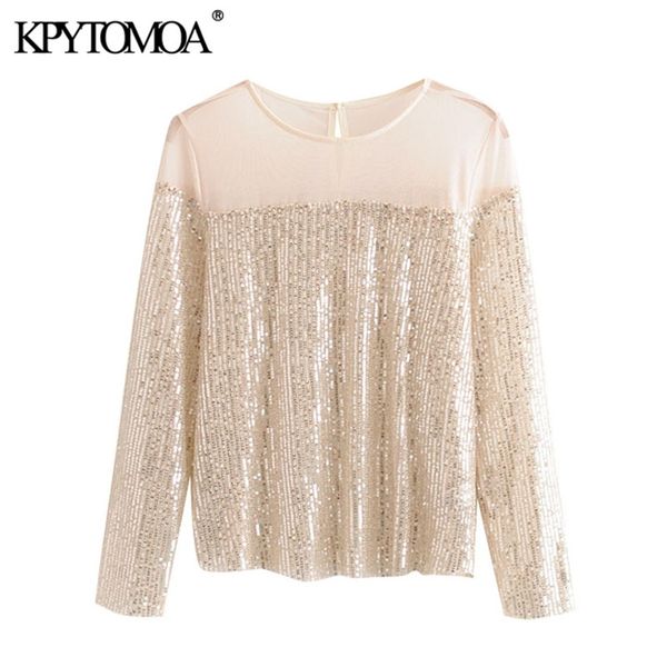 

women fashion mesh patchwork sequins blouses vintage o neck long sleeve female shirts blusas chic 210420, White