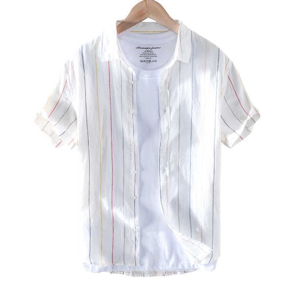 

linen striped shirts for men casual turn-down collar short sleeve male fashion breathable clothing summer 210601, White;black