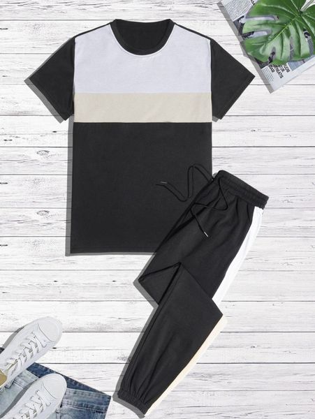 

men colorblock tee & drawstring waist sweatpants z2yp#, Gray