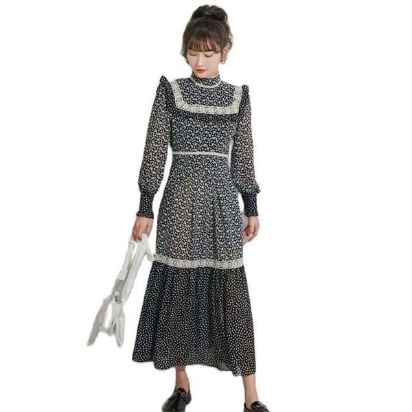 

vintage lantern sleeve turtleneck dress women long midi a line polka dot summer korean fashion clothing 210520, Black;gray