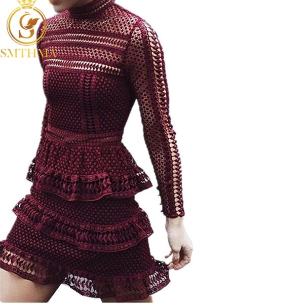 

spring runway lace patchwork red black dress long sleeve high waist slim women vestidos party 210520, Black;gray