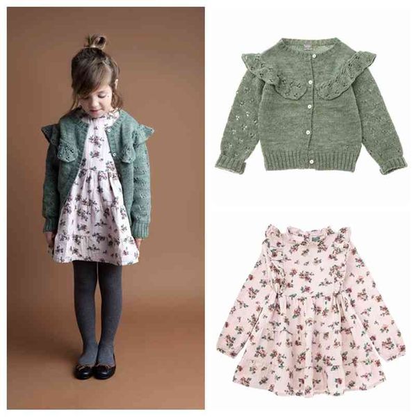 Tocoto Vintage Crianças meninas Floral Ruffle Dress Cardigan Marca Marca Elegante Outono Inverno Roupas Criança Bonito Vestidos 210619