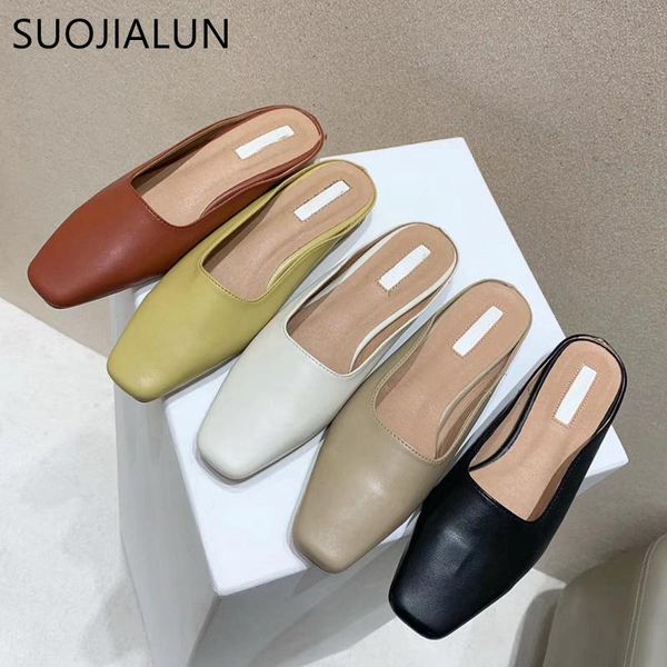 

slippers suojialun women square toe slip on slides ladies shallow mouth casual mules flat heel wedges sandals shoes, Black