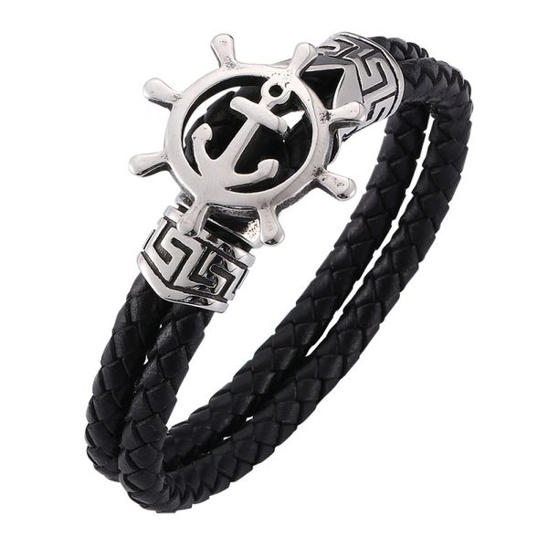 

viking style stainless steel rudder charm black genuine leather bracelet for gift, Golden;silver